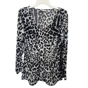 Susan Graver Liquid Knit Snow Leopard Rouched Blouse Size XL Stretch